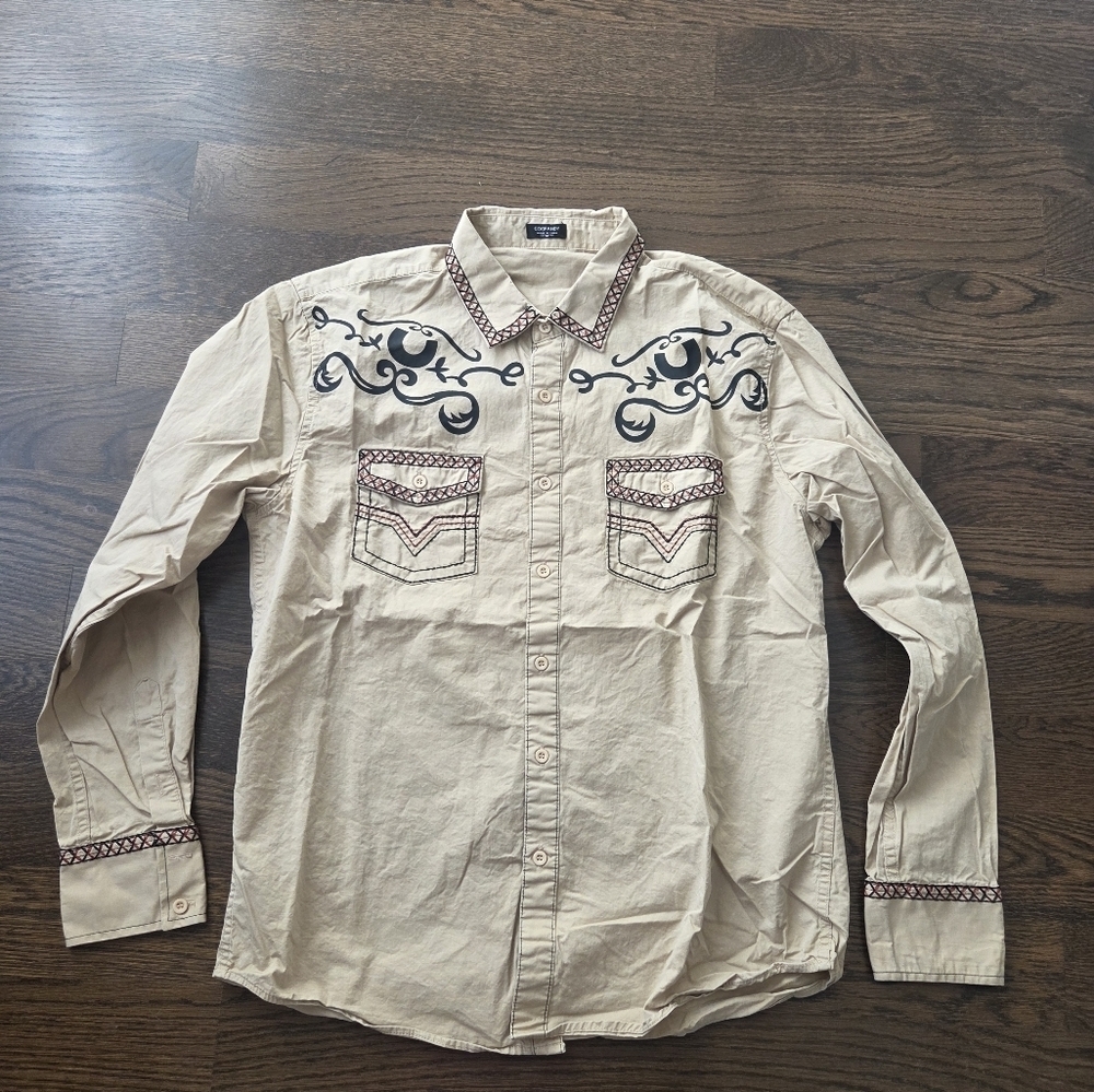 Coofandy Men's Beige Embroidered Western Shirt Sz.M Men's